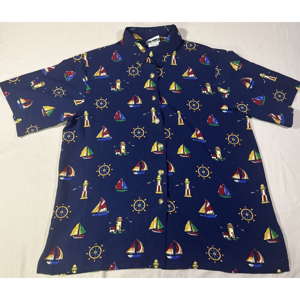 BonWorth Nautical Artsy Coastal Women SZ M Navy Blue Sailboat Lighthouse Top VTG